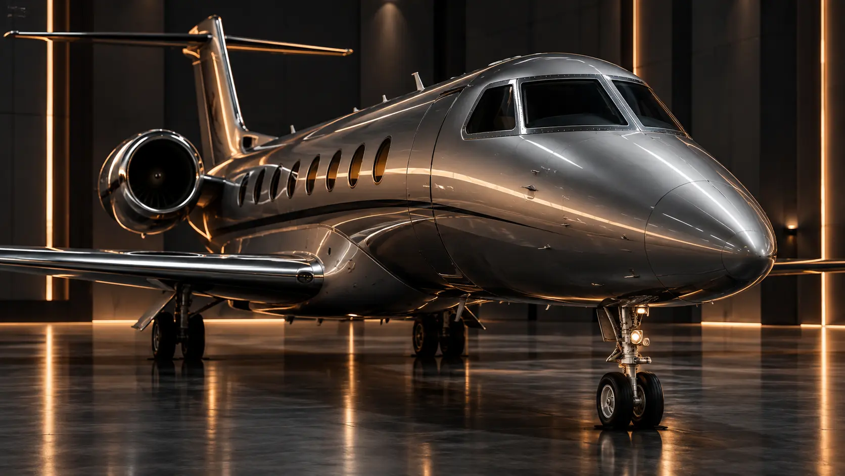 A polished private jet parked in a dark hangar lit by warm vertical light strips
