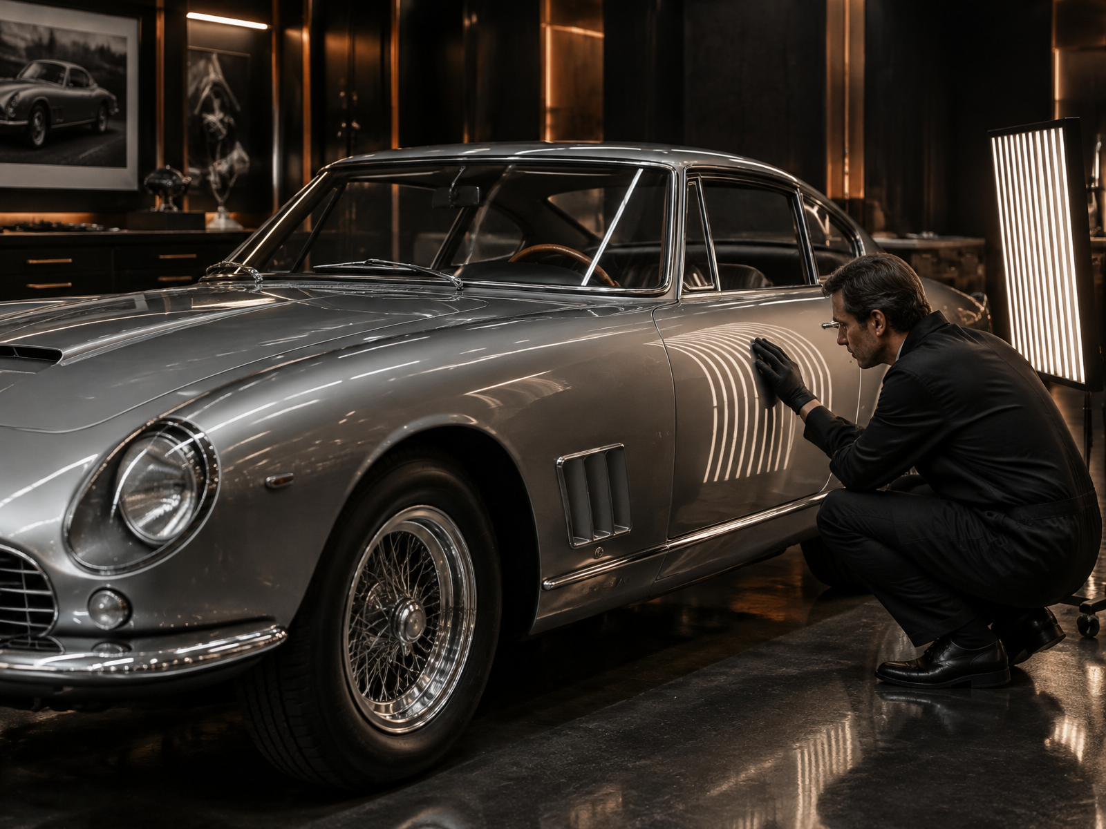 Collector grand touring coupe undergoing a careful exterior reflection assessment