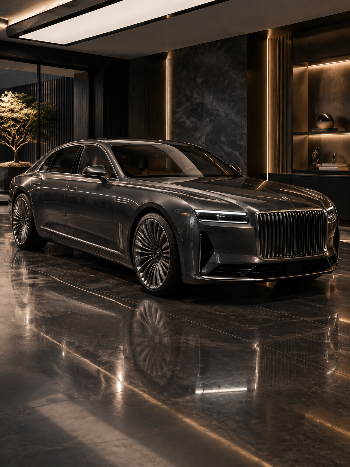 An ultra-luxury graphite automobile presented under architectural inspection lighting