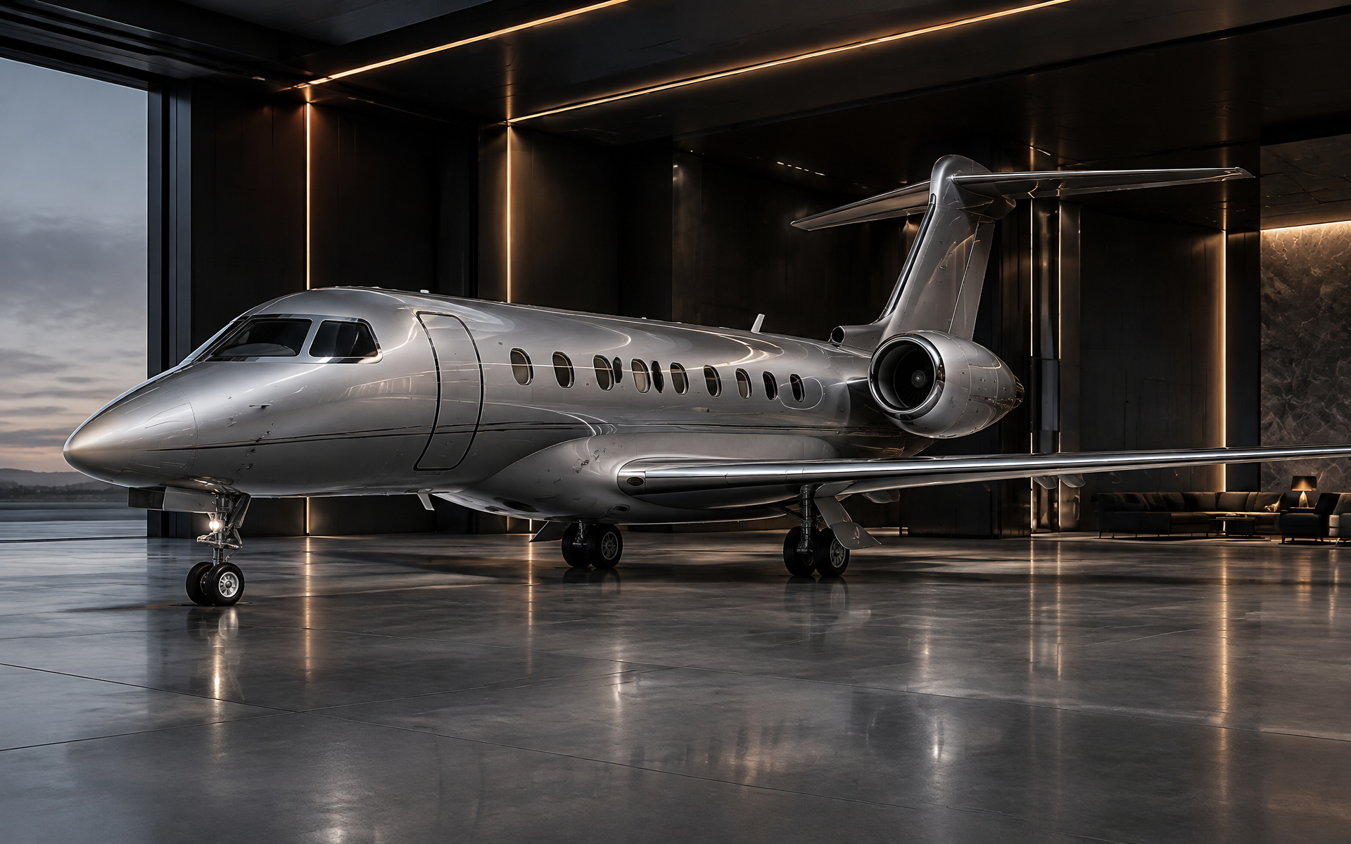 Private jet inside a refined architectural hangar